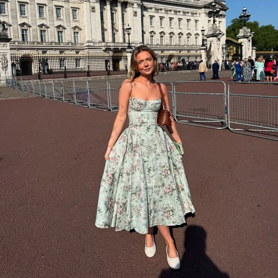 YENKYE Green Floral Print Sexy Spaghetti Straps Dress Women Low Waist A-line Midi Holiday Summer Dresses Party Robe 2025 Vestido