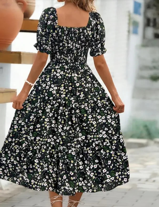 2025 New Women's Printed Dress Square Collar Bubble Sleeve Empire Waist Midi Dress Short Sleeve Cross-Border Independent Station