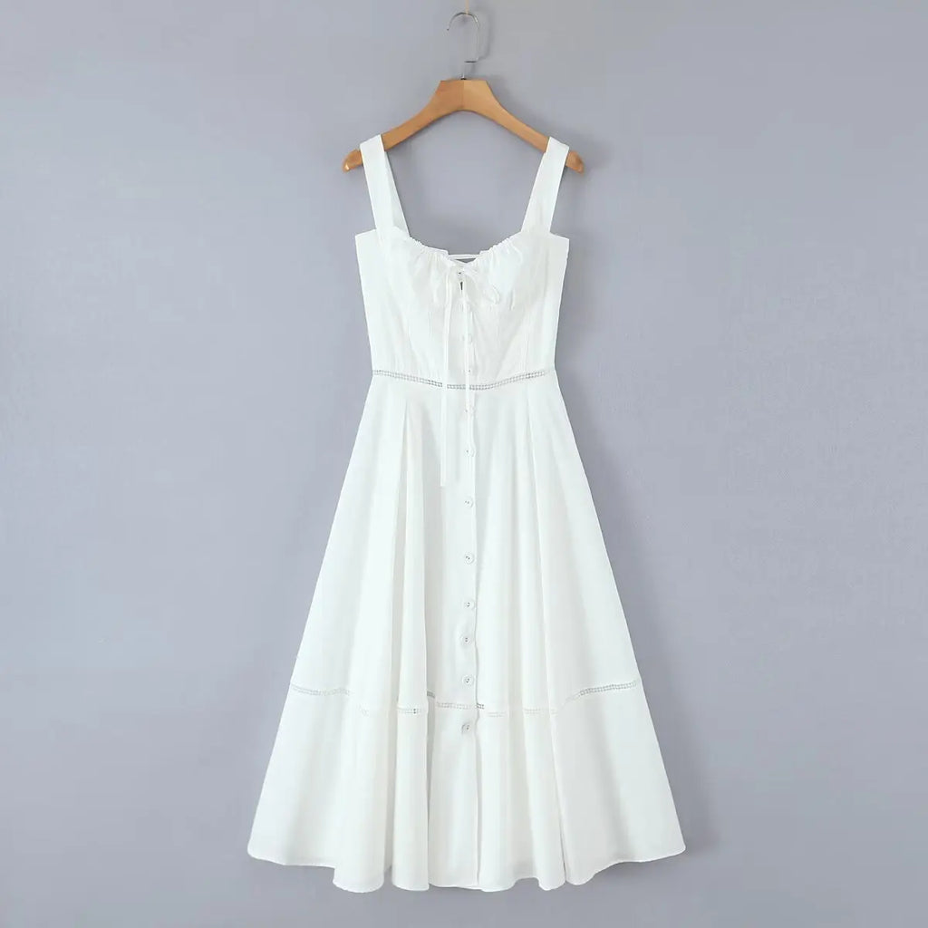 YENKYE Sexy Lace Up Bandage Back Elegant White Sling Dress Women Front Button A-line Cotton Corset Style Summer Dress Midi Robe