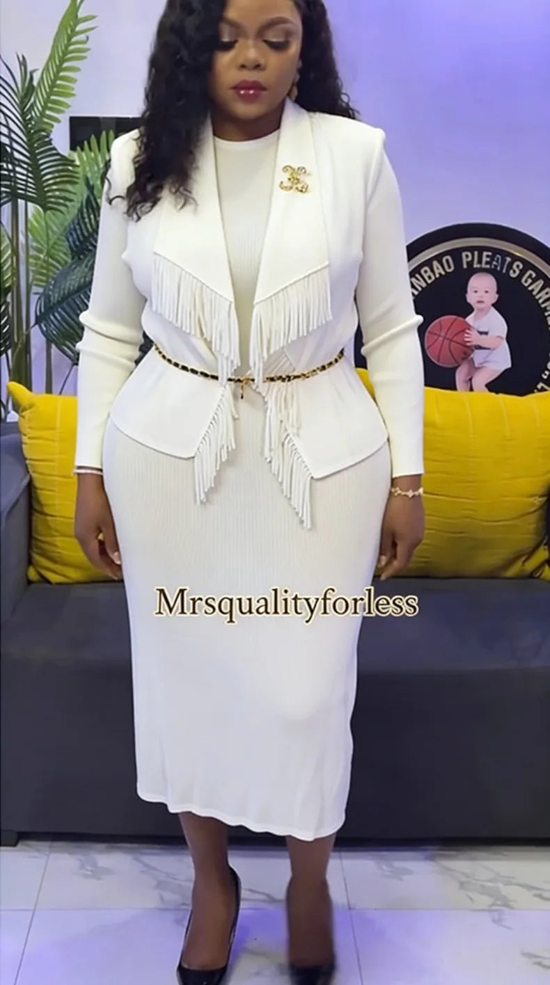 EGRM Fashion Solid Color Pleated Two-piece Set Women's Tassel Lapel Jacket and Casual Round Neck Vest Dresses 2026 New 9R5101