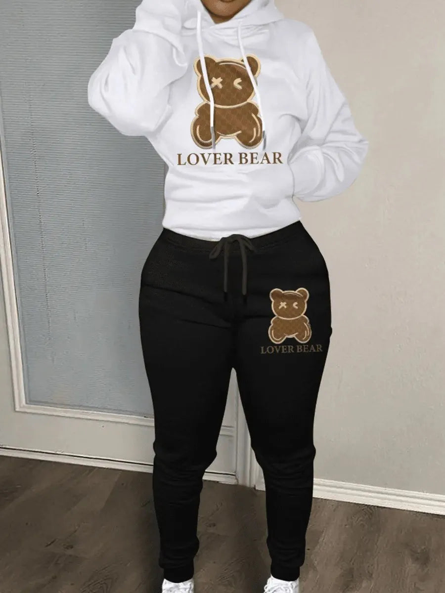 Autumn and winter women's loose and fashionable plus size cartoon bear print hooded sweater+woolen pants set