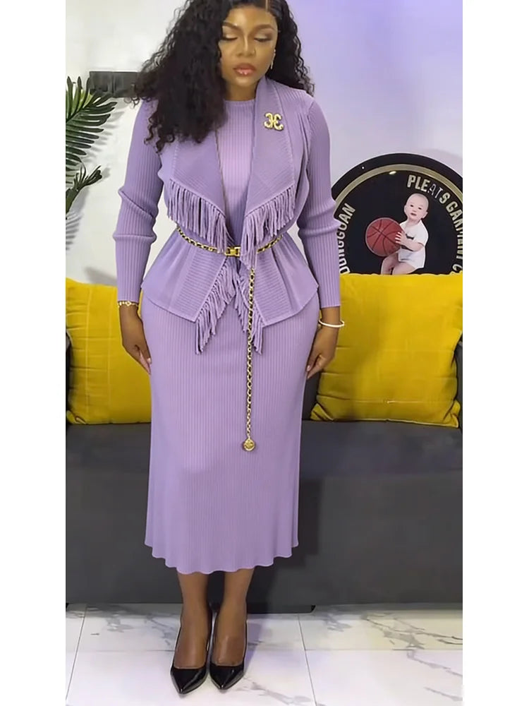 EGRM Fashion Solid Color Pleated Two-piece Set Women's Tassel Lapel Jacket and Casual Round Neck Vest Dresses 2026 New 9R5101