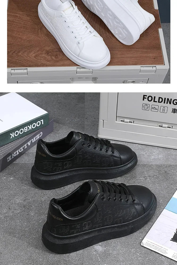 2025 New Men's Shoes Spring and Autumn Flat-soled Casual Leather Shoes Sports Shoes Black and White Men's Thick-soled Breathable