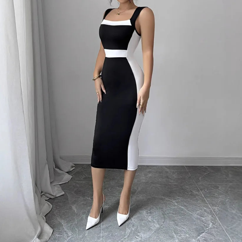 Women's Black & White Square Neck Sleeveless Slim-Fit Midi Dress with Waist Trim Casual Formal Wear