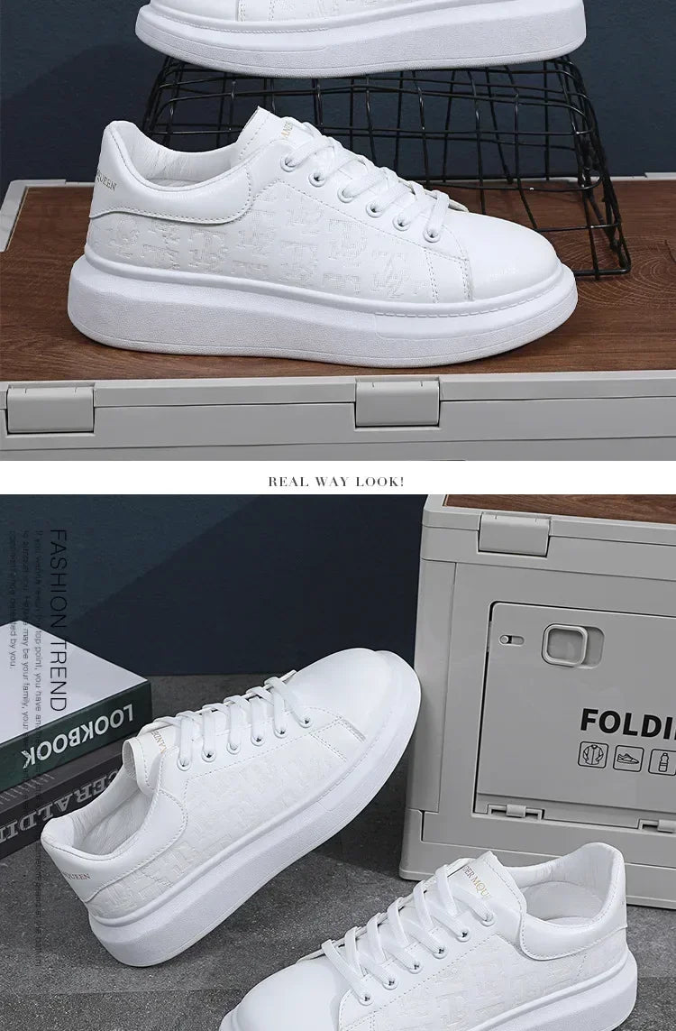 2025 New Men's Shoes Spring and Autumn Flat-soled Casual Leather Shoes Sports Shoes Black and White Men's Thick-soled Breathable