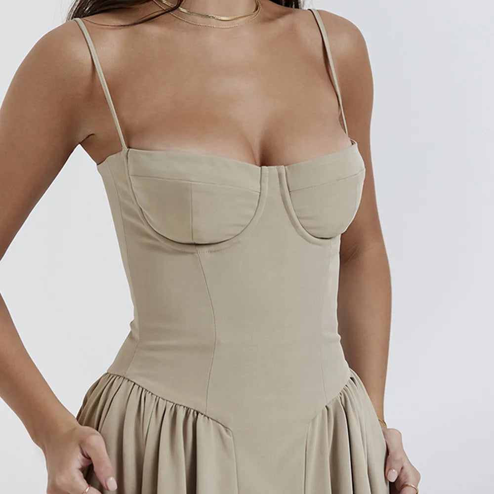 Summer Women Elegant Sleeveless Backless Pleated Dresses Lady Sexy Solid Sling Midi Dress 2024 Female Party Evening A-line Robes