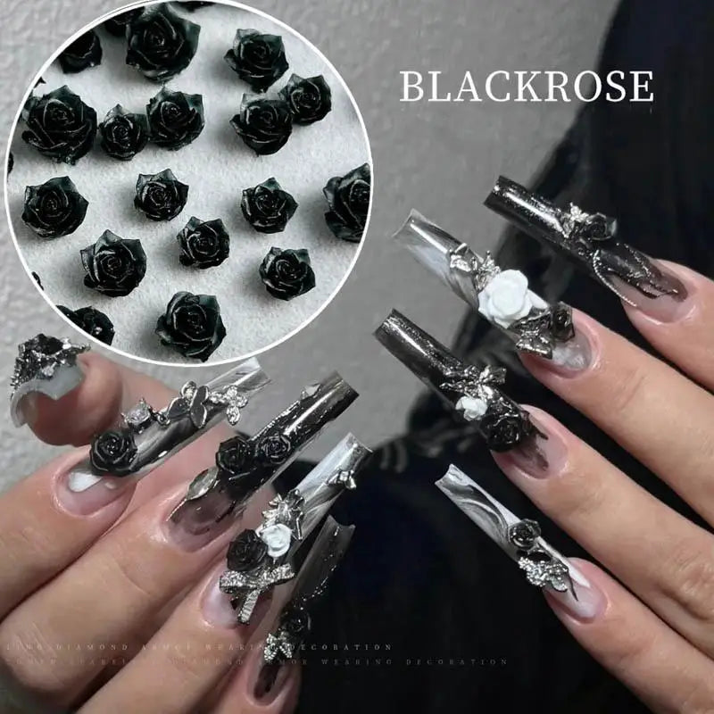 30PCS Resin Minimalist Black Rose Nail Art Charms 3D Cool RoseFlowers Nail Decoration Accessories for DIY Manicure Crafts