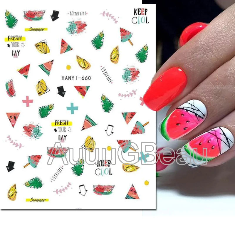 3d Nail Art Decals Geometric Lines Coconut Tree Palms Leaves Flowers Adhesive Sliders Nail Stickers Decorated Manicure