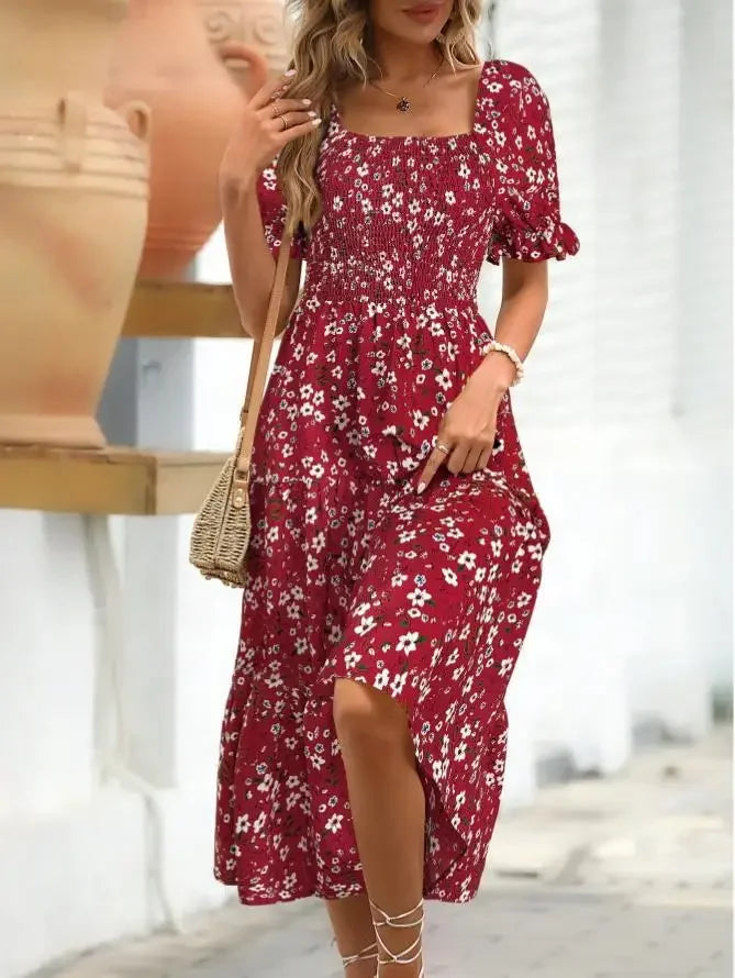 2025 New Women's Printed Dress Square Collar Bubble Sleeve Empire Waist Midi Dress Short Sleeve Cross-Border Independent Station