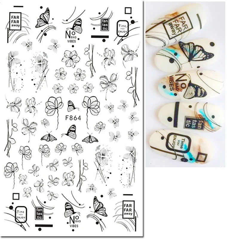 3d Nail Art Decals Geometric Lines Coconut Tree Palms Leaves Flowers Adhesive Sliders Nail Stickers Decorated Manicure