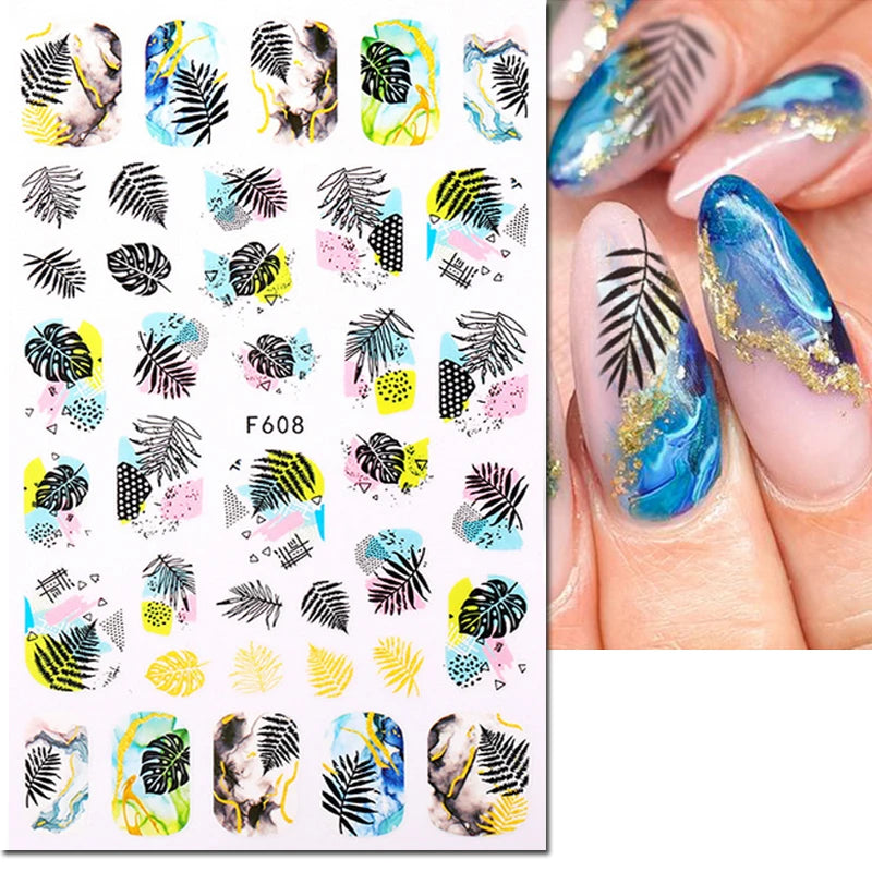 3d Nail Art Decals Geometric Lines Coconut Tree Palms Leaves Flowers Adhesive Sliders Nail Stickers Decorated Manicure