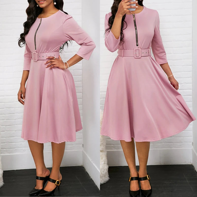 Fashion Women Patchwork A-line Dresses Autumn/Winter Round Neck Printed Belt Party Dress Elegant Office Lady Zipper Dress
