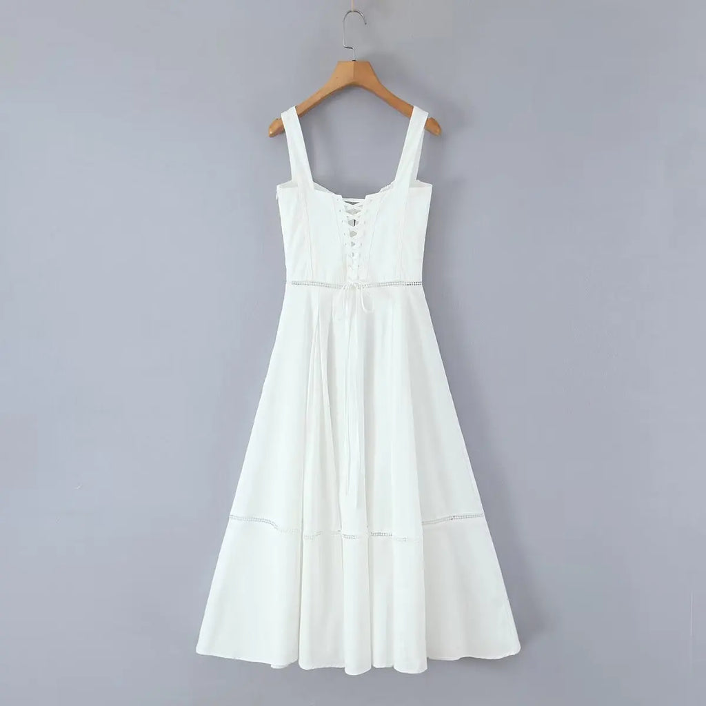 YENKYE Sexy Lace Up Bandage Back Elegant White Sling Dress Women Front Button A-line Cotton Corset Style Summer Dress Midi Robe