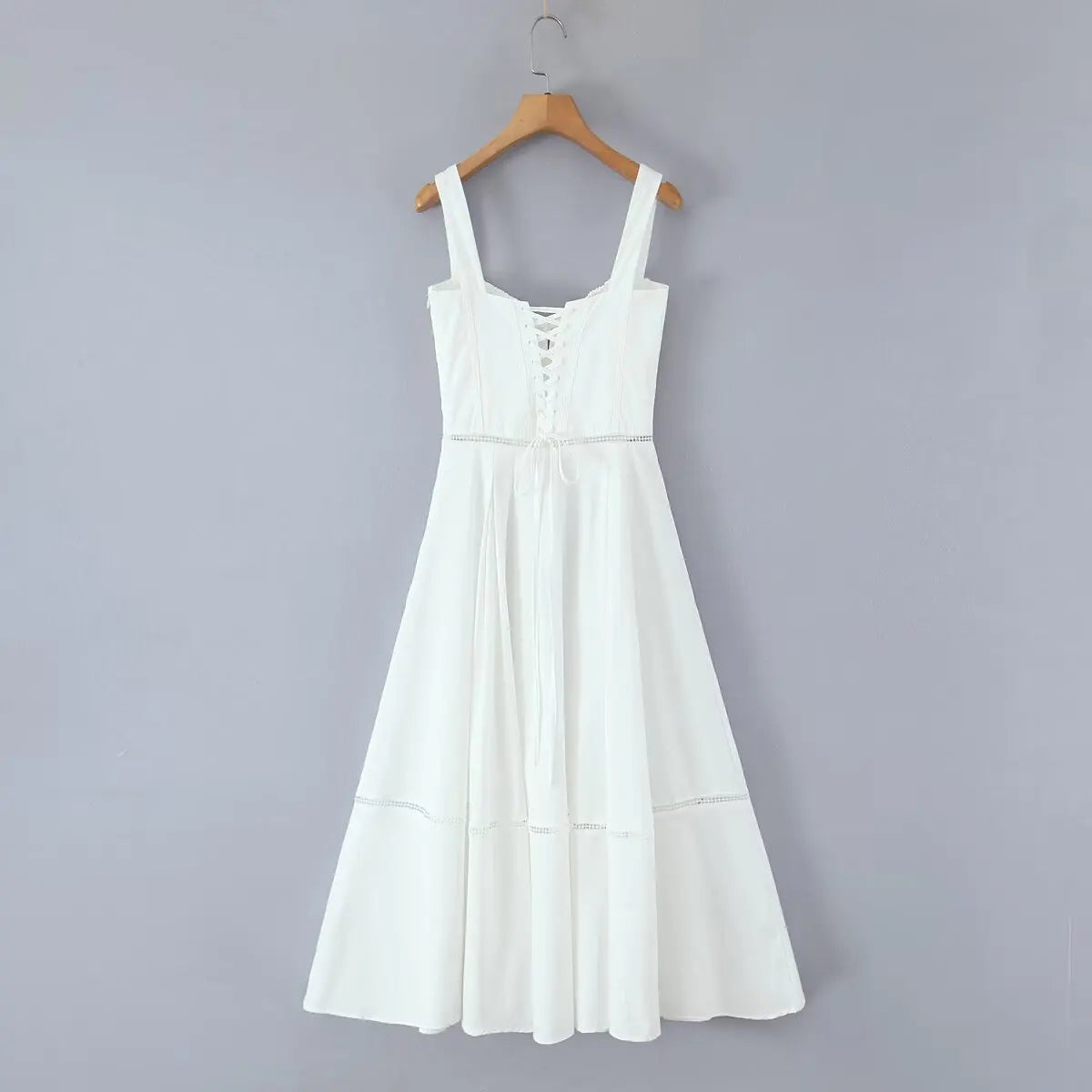 YENKYE Sexy Lace Up Bandage Back Elegant White Sling Dress Women Front Button A-line Cotton Corset Style Summer Dress Midi Robe