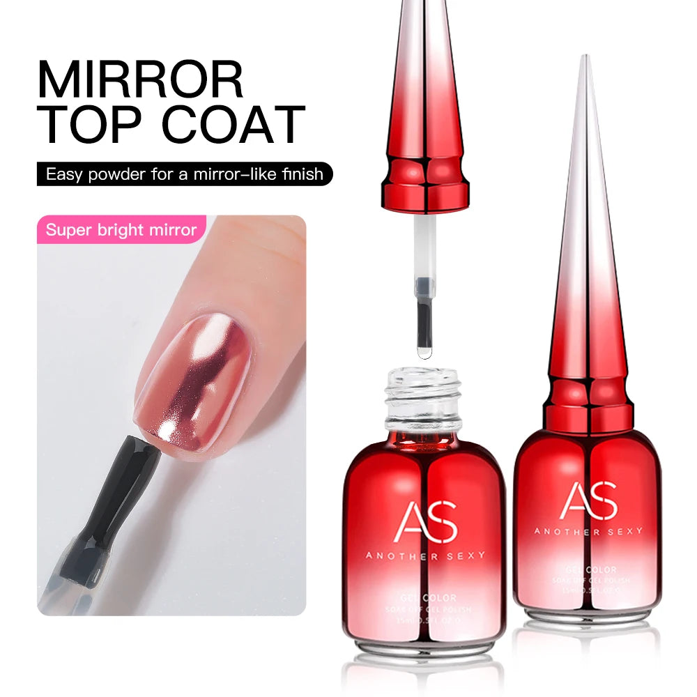 AS 15ml Chrome Mirror Powder Top Coat Transparent Nail Gel Crystal Bright Safe and Non-Toxic Soak Off UV LED Functional Gel
