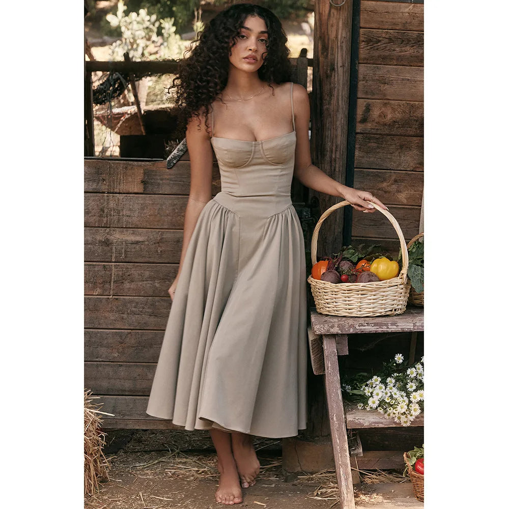 Summer Women Elegant Sleeveless Backless Pleated Dresses Lady Sexy Solid Sling Midi Dress 2024 Female Party Evening A-line Robes