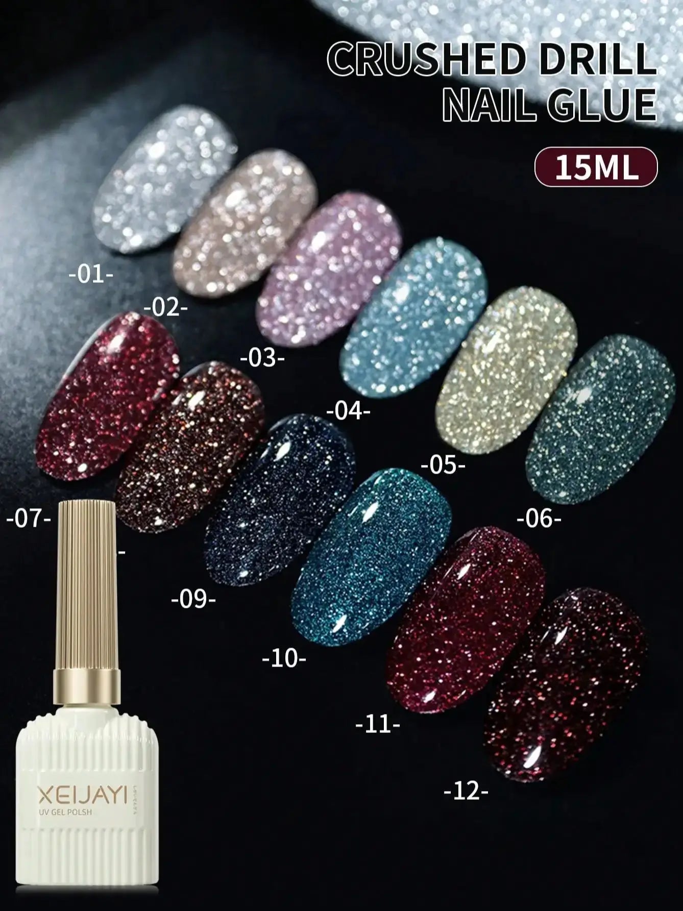 15ml 12Colors Reflective Disco Diamonds Gel Nail Polish With the Holographic Glitter Diamond Collection Gel Nail Polish