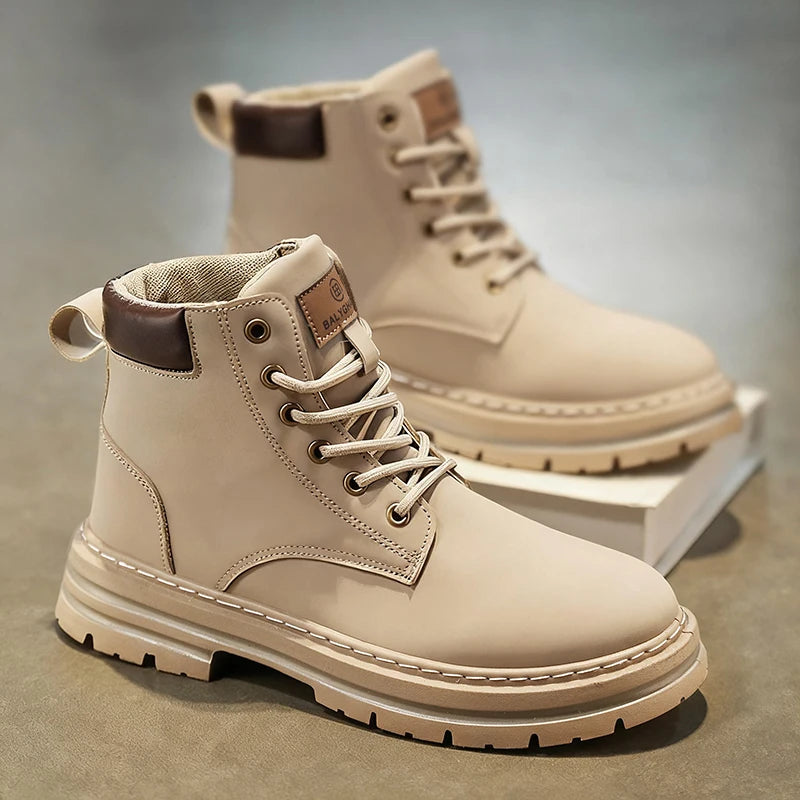 1-Pair MAINALUN Men's & Women's Heavy-Duty All-Terrain High-Top Boots - PU/Fabric Upper, Beige/Tan Lace-Up Ankle/Boot Boots with