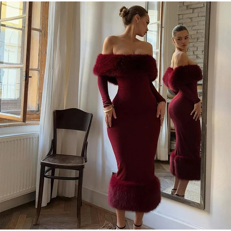 Faux Fur Patchwork Strapless Dress Women Sexy Off-shoulder Full Sleeve Cinched-waist Slim Gowns Lady Chic Evening Party Dresses