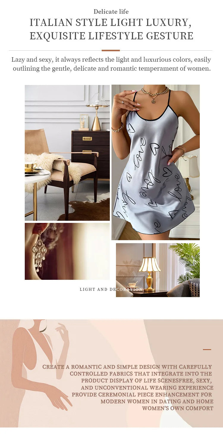 Heart Print Nightdress Elegant Scoop Neck Criss Cross Back Sleep Dress Women's Sleepwear