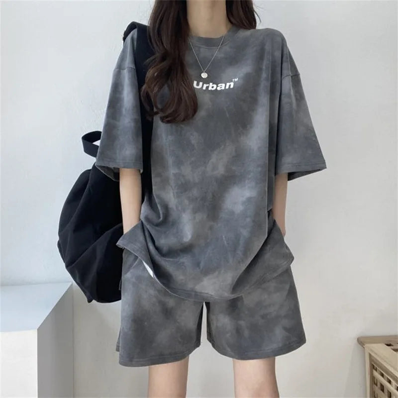 Women T-Shirt Shorts Suit Set Casual Tie Dye Loose tshirt and wide leg middle shorts with pockets female Soft Summer Shorts Sets