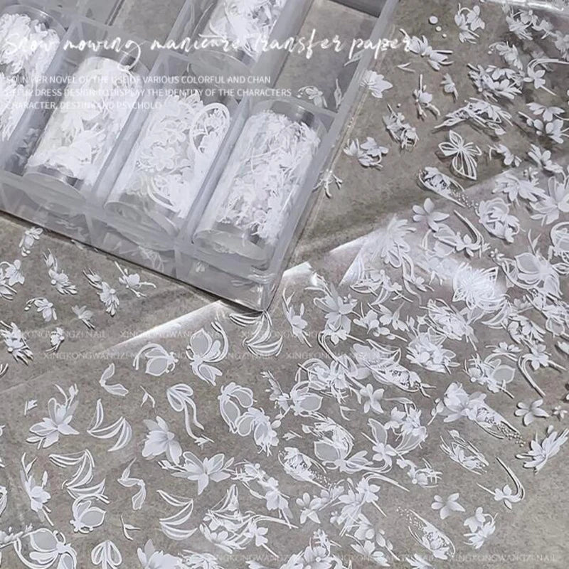 10Rolls4*50cm White Translucent Flower&Butterfly Nail Art Plastic White Flower Nail Tranfer Decal DIY Wedding Bride White Foil