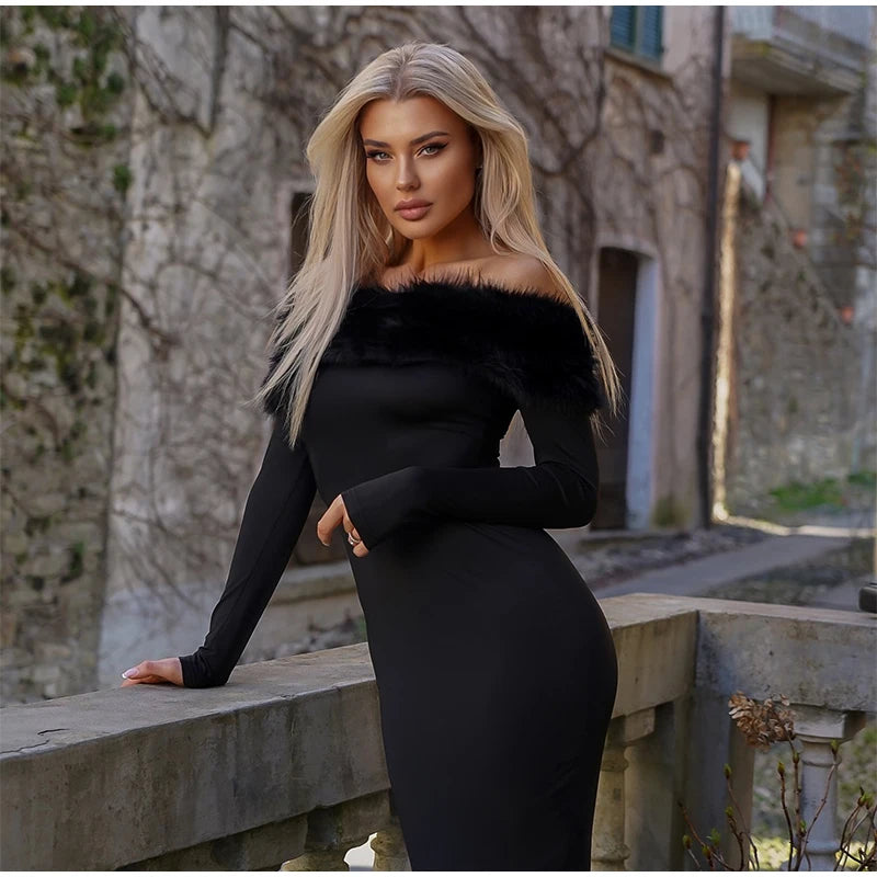 Faux Fur Patchwork Strapless Dress Women Sexy Off-shoulder Full Sleeve Cinched-waist Slim Gowns Lady Chic Evening Party Dresses