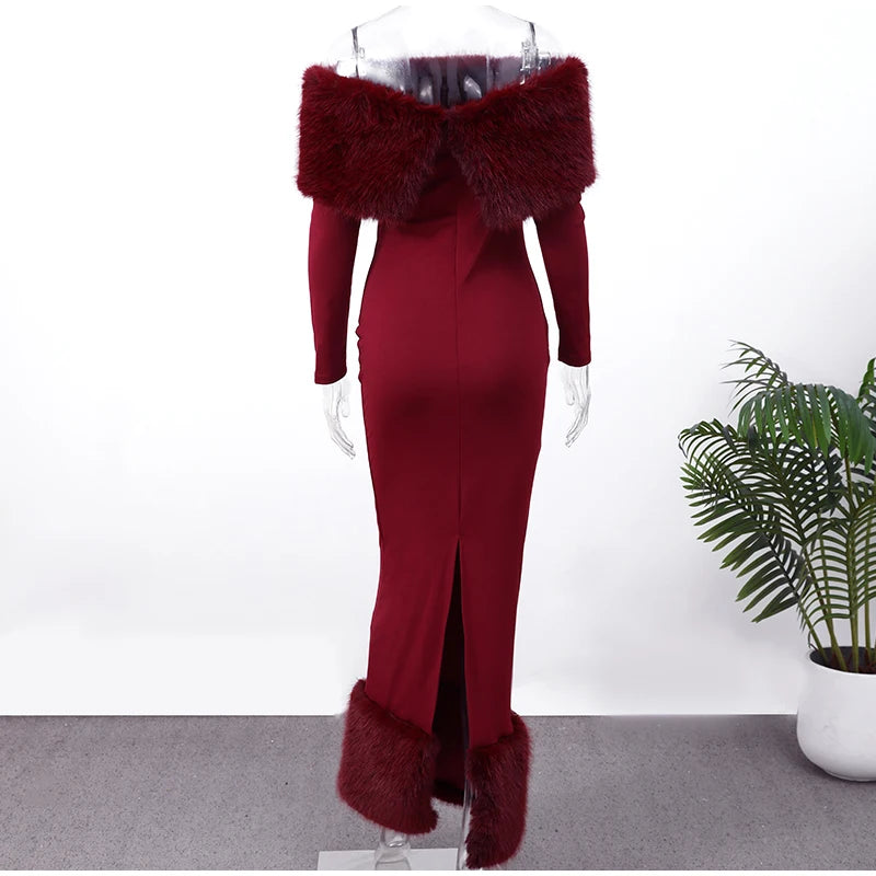 Faux Fur Patchwork Strapless Dress Women Sexy Off-shoulder Full Sleeve Cinched-waist Slim Gowns Lady Chic Evening Party Dresses