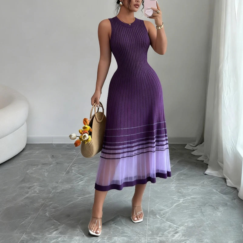 Women's Purple Ombre Sleeveless Crew Neck Mesh Elastic Knit Midi Dress with Sheer Hem Casual Summer Beach Vacation Party Dress