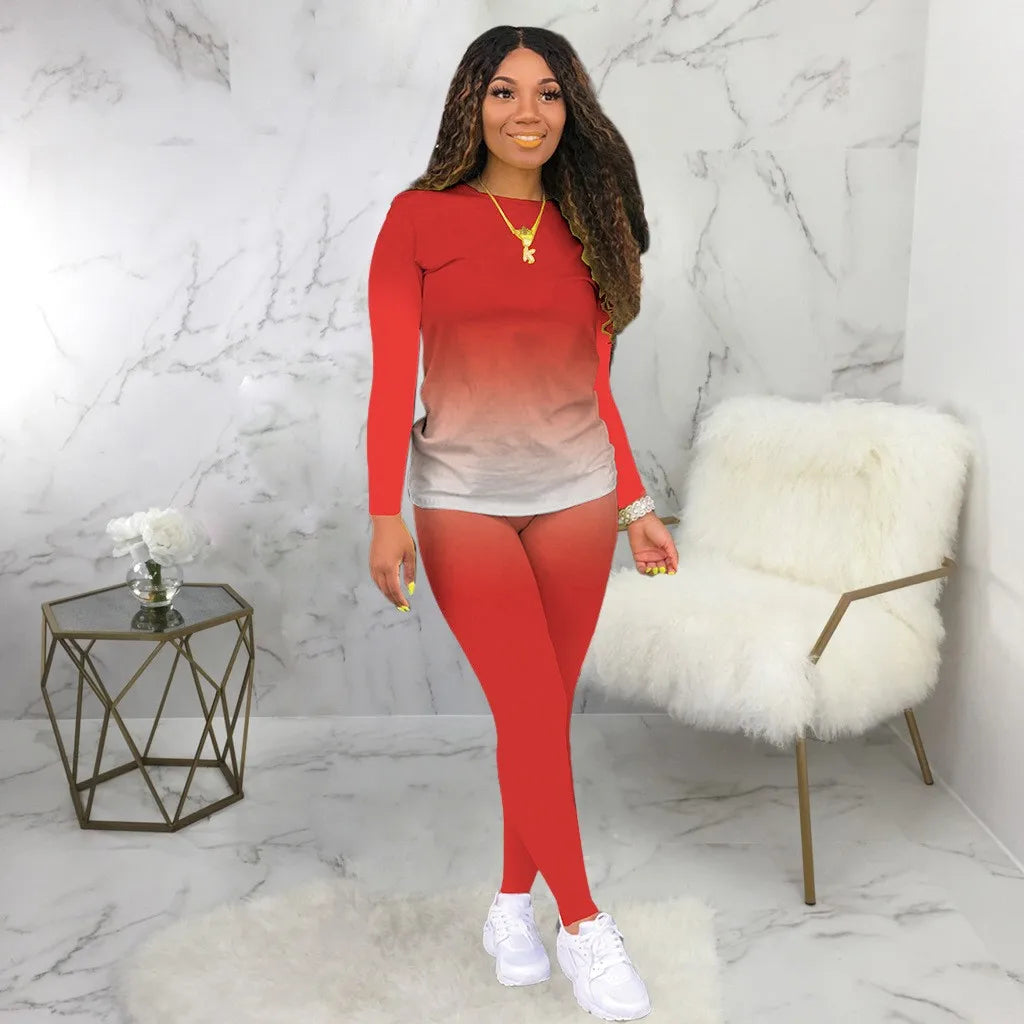 Plus size European and American cross-border spring and autumn new round neck gradient long sleeve trousers casual suit
