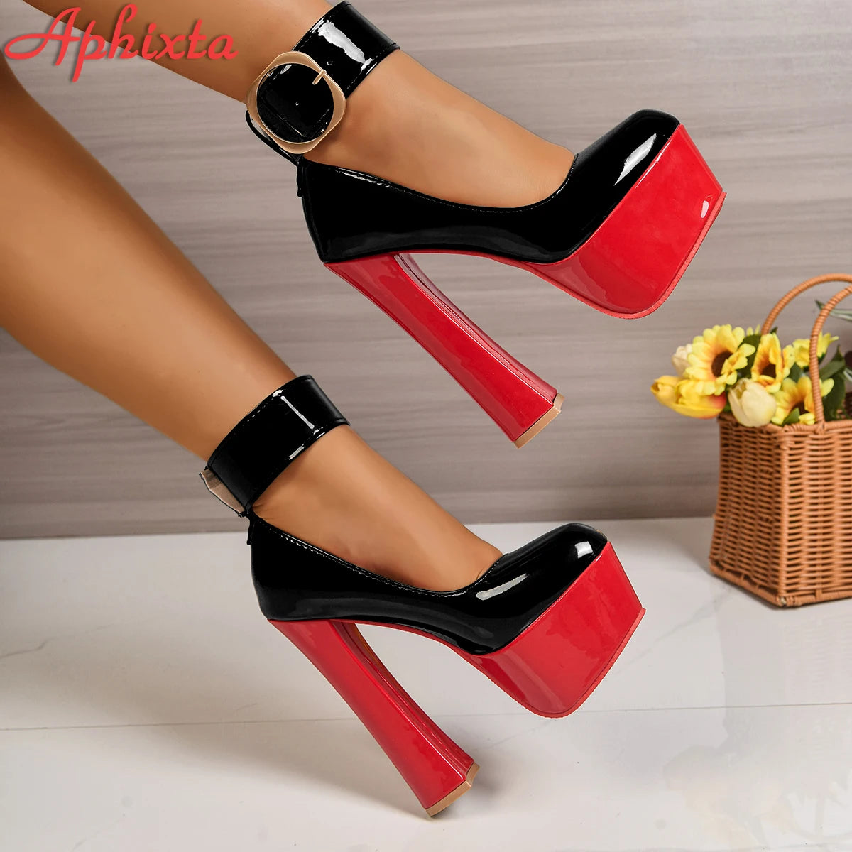 Aphixta 5.5cm Platform 4cm Wide Belt Buckle Metal Strap Pimp Pumps Women Hot Sale Party Dance 16cm High Chunky Heels Big 49 50