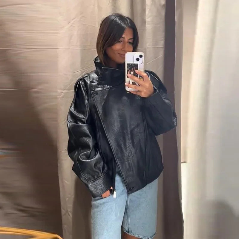 Chaqueta Bomber de Cuero PU Estilo Vintage