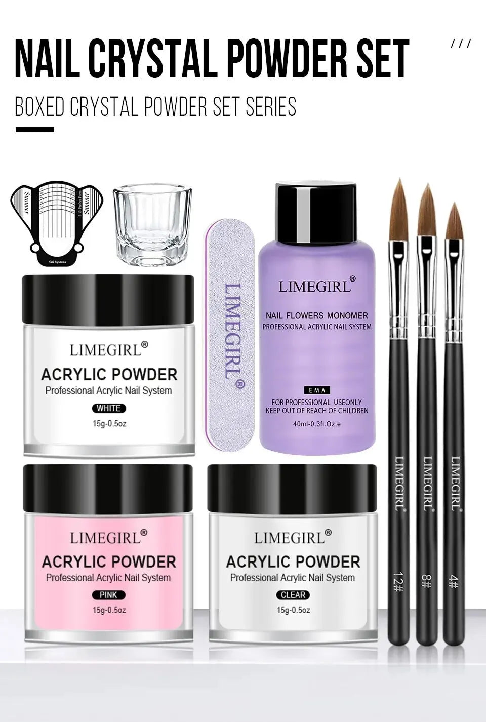 Nail Acrylic Powder and Liquid Monomer Nails Art Decoration For Manicure Set Kit Crystal Nail Glitter 3D Nail Tips Carving Tools