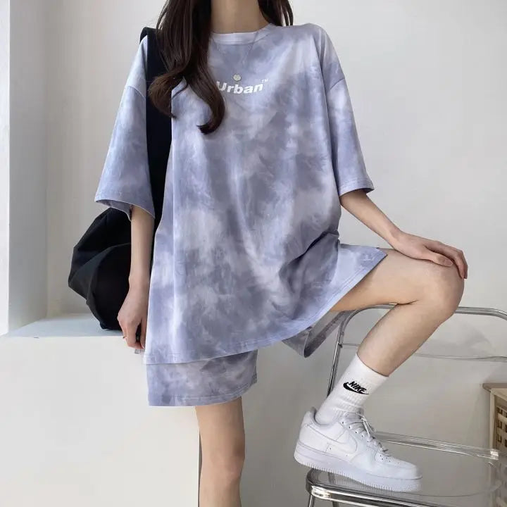 Women T-Shirt Shorts Suit Set Casual Tie Dye Loose tshirt and wide leg middle shorts with pockets female Soft Summer Shorts Sets