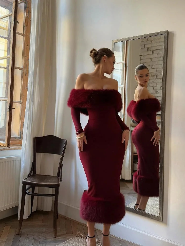 Faux Fur Patchwork Strapless Dress Women Sexy Off-shoulder Full Sleeve Cinched-waist Slim Gowns Lady Chic Evening Party Dresses