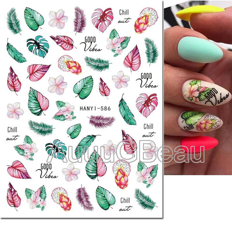 3d Nail Art Decals Geometric Lines Coconut Tree Palms Leaves Flowers Adhesive Sliders Nail Stickers Decorated Manicure