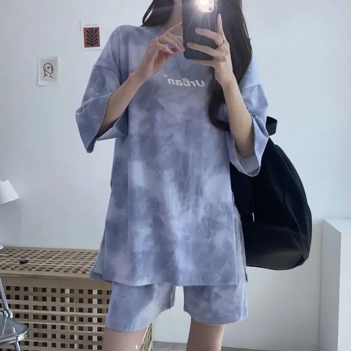 Women T-Shirt Shorts Suit Set Casual Tie Dye Loose tshirt and wide leg middle shorts with pockets female Soft Summer Shorts Sets