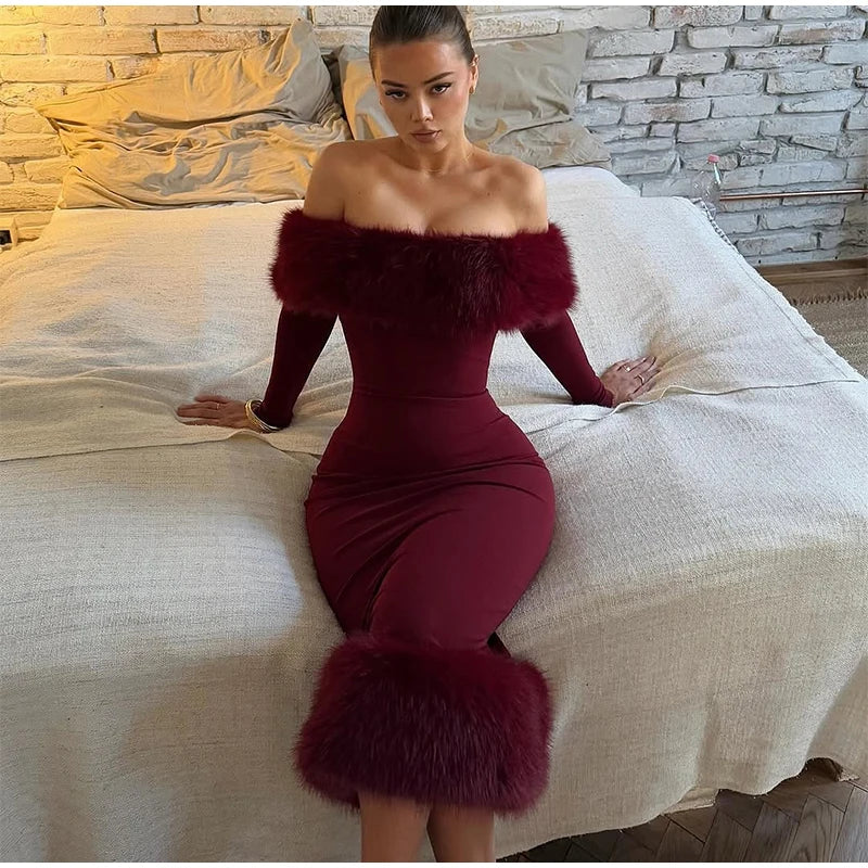 Faux Fur Patchwork Strapless Dress Women Sexy Off-shoulder Full Sleeve Cinched-waist Slim Gowns Lady Chic Evening Party Dresses