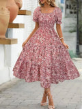 2025 New Women's Printed Dress Square Collar Bubble Sleeve Empire Waist Midi Dress Short Sleeve Cross-Border Independent Station