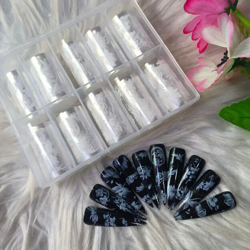 10Rolls4*50cm White Translucent Flower&Butterfly Nail Art Plastic White Flower Nail Tranfer Decal DIY Wedding Bride White Foil