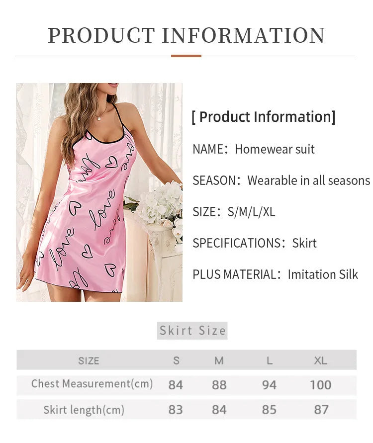 Heart Print Nightdress Elegant Scoop Neck Criss Cross Back Sleep Dress Women's Sleepwear
