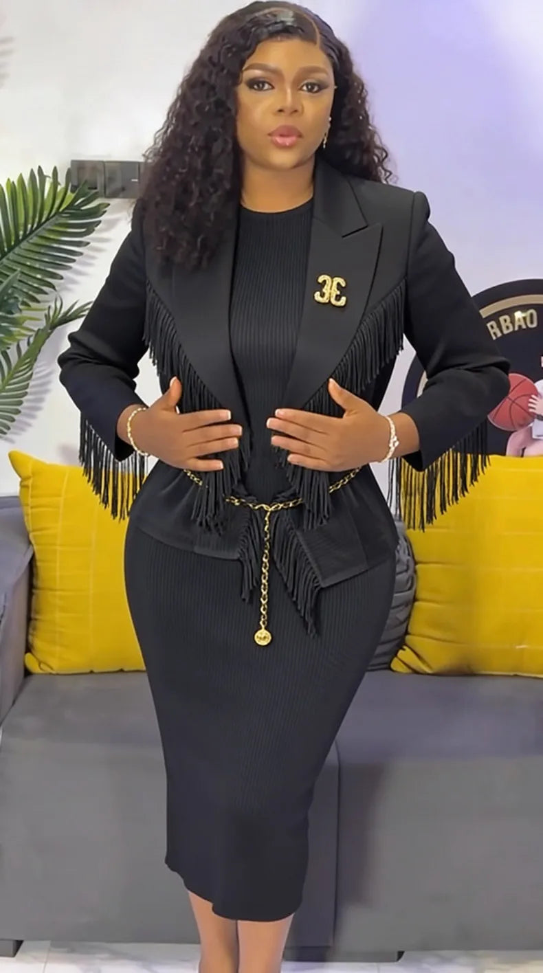 EGRM Fashion Solid Color Pleated Two-piece Set Women's Tassel Lapel Jacket and Casual Round Neck Vest Dresses 2026 New 9R5101