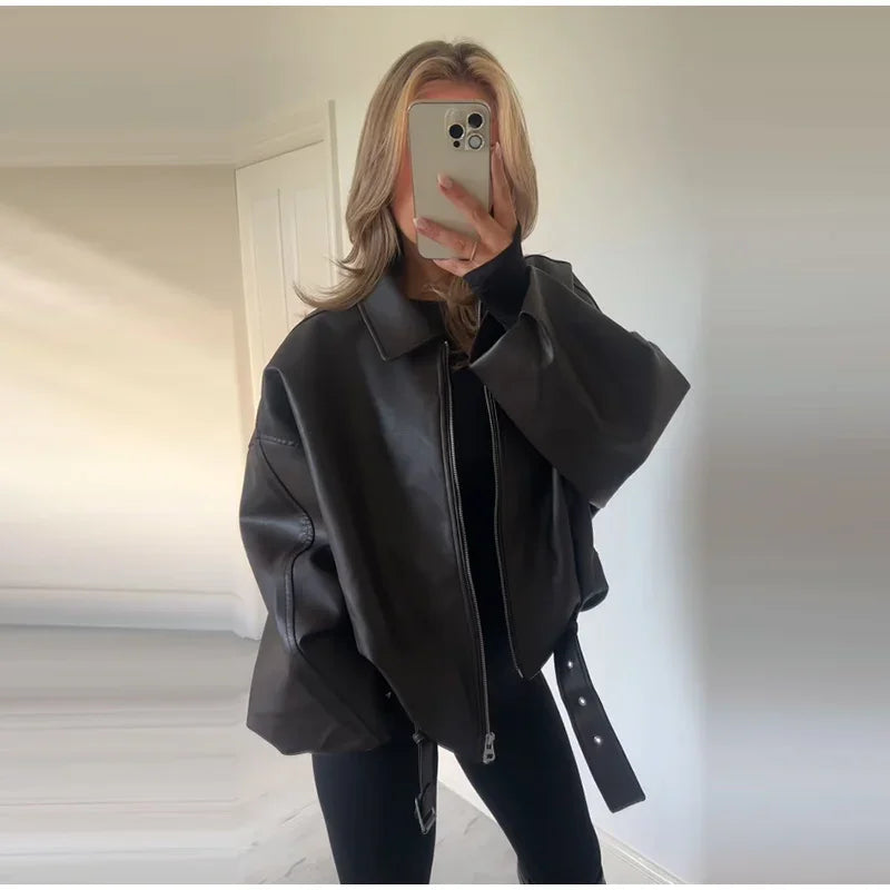 Chaqueta Bomber de Cuero PU Estilo Vintage