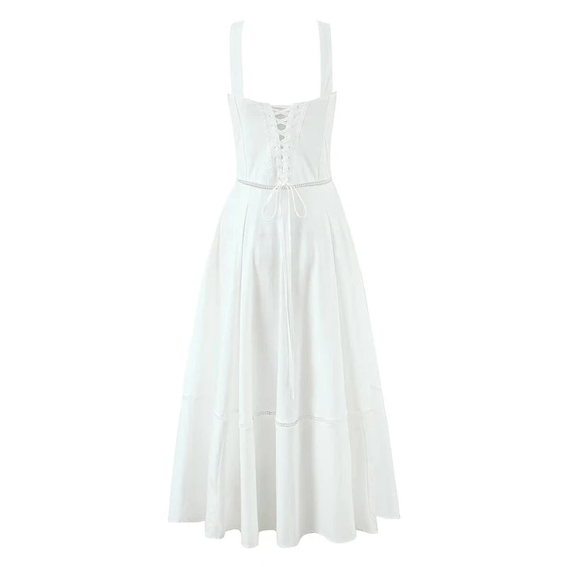 YENKYE Sexy Lace Up Bandage Back Elegant White Sling Dress Women Front Button A-line Cotton Corset Style Summer Dress Midi Robe