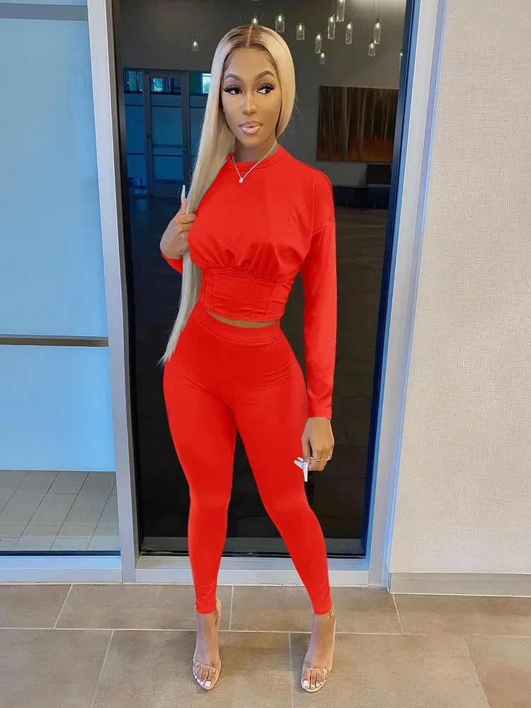 2023 Autumn New Women's Pure Color Sports Waist Suit Fashion Casual Two-piece Set
