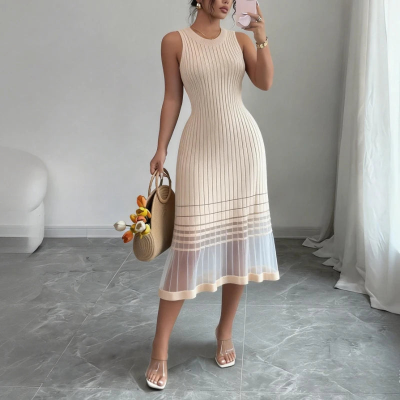 Women's Purple Ombre Sleeveless Crew Neck Mesh Elastic Knit Midi Dress with Sheer Hem Casual Summer Beach Vacation Party Dress