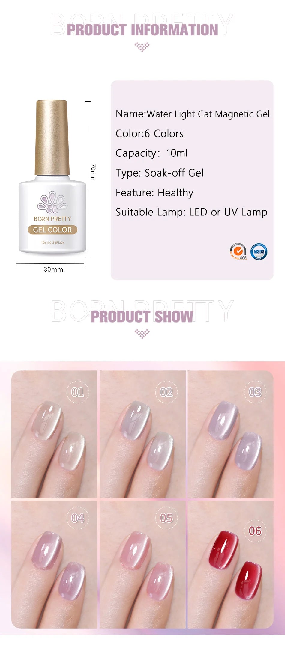 BORN PRETTY Water Light Cat Magnetic Gel Nail Polish Nude Milk White Jelly Color Semi Permanent Soak Off UV LED Gel Varnish DIY