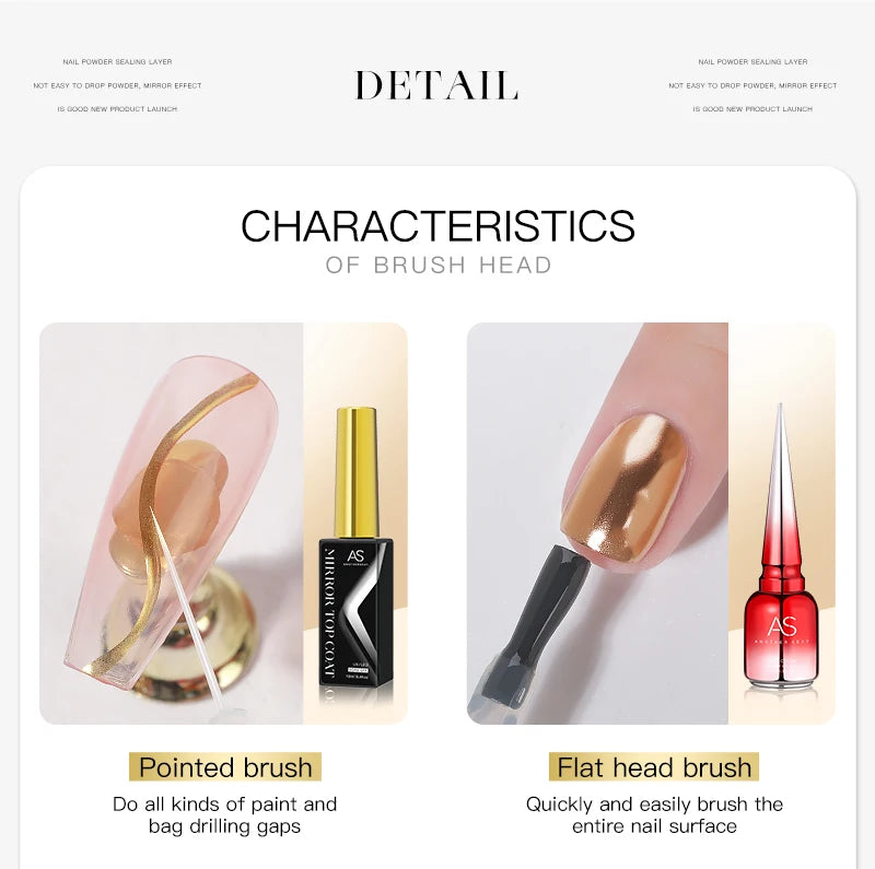 AS 15ml Chrome Mirror Powder Top Coat Transparent Nail Gel Crystal Bright Safe and Non-Toxic Soak Off UV LED Functional Gel