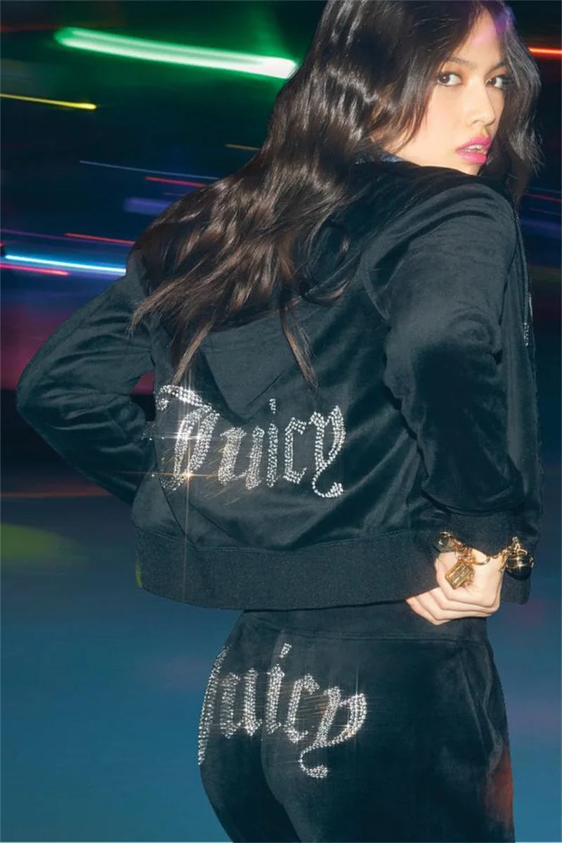 Ladies Casual Sportswear Set Pure Color Letter Rhinestone Long Sleeve Hoodie Loose Pants Two Piece Set Street Style Polyester