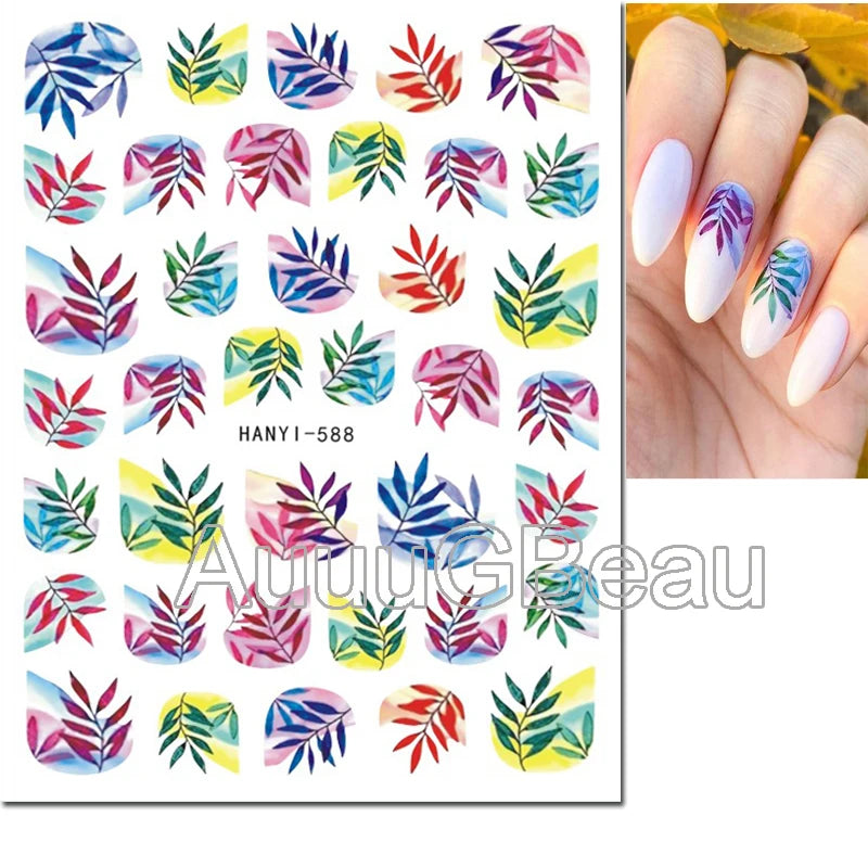 3d Nail Art Decals Geometric Lines Coconut Tree Palms Leaves Flowers Adhesive Sliders Nail Stickers Decorated Manicure